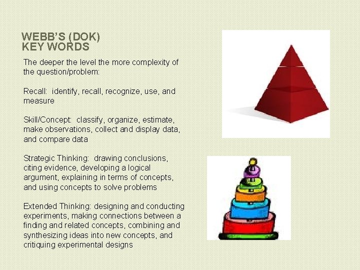 WEBB’S (DOK) KEY WORDS The deeper the level the more complexity of the question/problem: WEBB’S (DOK) KEY WORDS The deeper the level the more complexity of the question/problem: