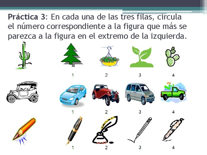 Práctica 3: En cada una de las tres filas, circula el número correspondiente a