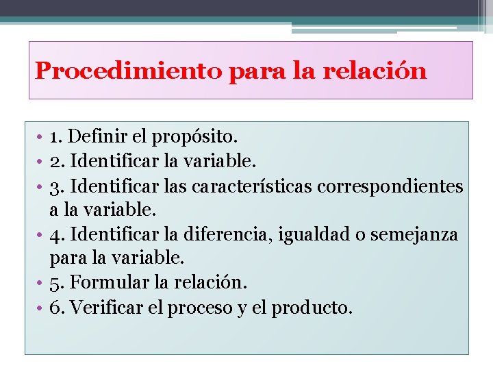 Procedimiento para la relación • 1. Definir el propósito. • 2. Identificar la variable.