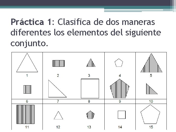 Práctica 1: Clasifica de dos maneras diferentes los elementos del siguiente conjunto. 