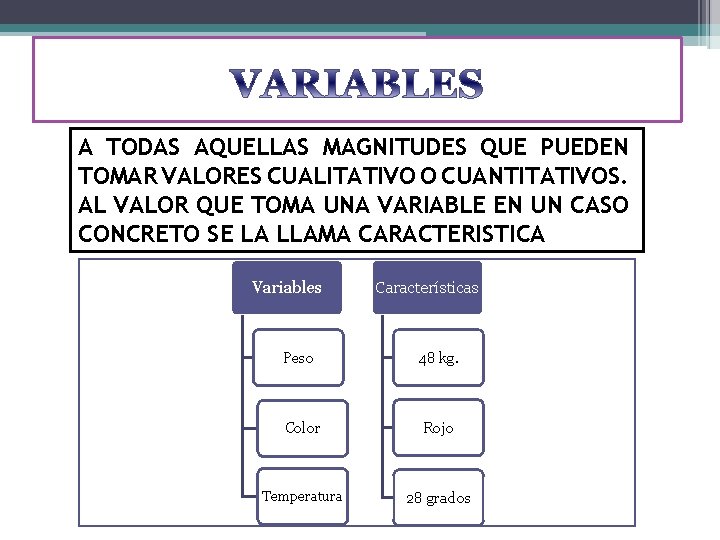 A TODAS AQUELLAS MAGNITUDES QUE PUEDEN TOMAR VALORES CUALITATIVO O CUANTITATIVOS. AL VALOR QUE