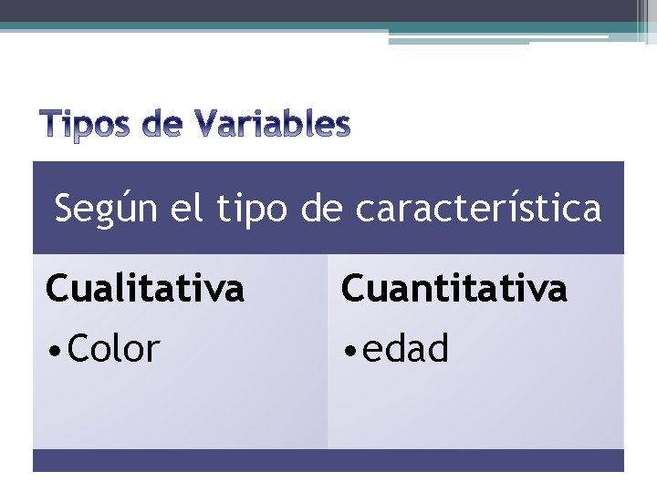 Según el tipo de característica Cualitativa • Color Cuantitativa • edad 