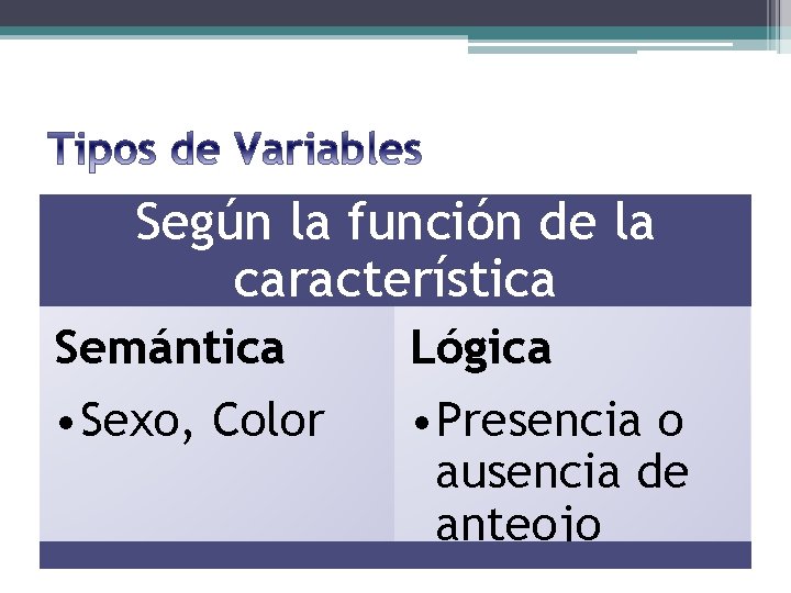 Según la función de la característica Semántica • Sexo, Color Lógica • Presencia o