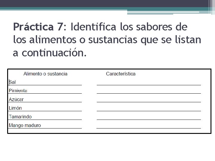 Práctica 7: Identifica los sabores de los alimentos o sustancias que se listan a