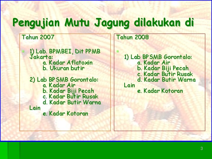 Pengujian Mutu Jagung dilakukan di Tahun 2007 Tahun 2008 § 1) Lab. BPMBEI, Dit