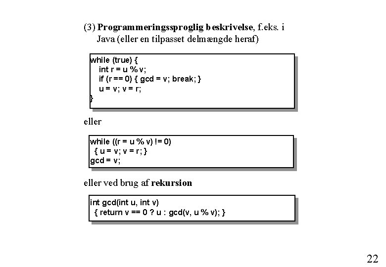 (3) Programmeringssproglig beskrivelse, f. eks. i Java (eller en tilpasset delmængde heraf) while (true)
