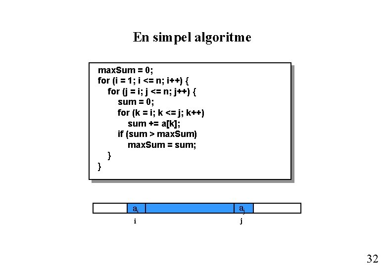 En simpel algoritme max. Sum = 0; for (i = 1; i <= n;