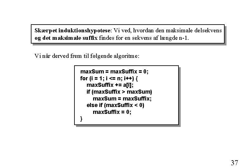 Skærpet induktionshypotese: Vi ved, hvordan den maksimale delsekvens og det maksimale suffix findes for