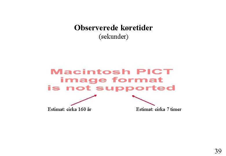 Observerede køretider (sekunder) Estimat: cirka 160 år Estimat: cirka 7 timer 39 