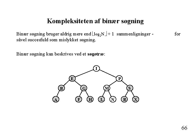 Kompleksiteten af binær søgning Binær søgning bruger aldrig mere end log 2 N +