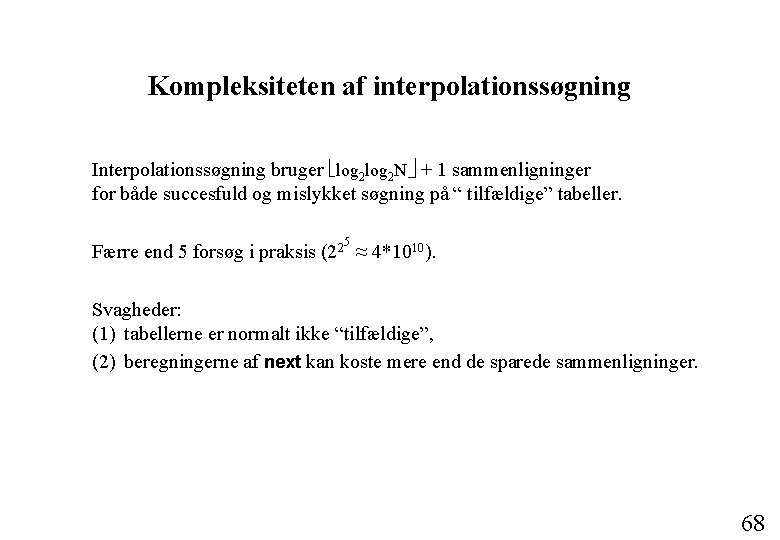 Kompleksiteten af interpolationssøgning Interpolationssøgning bruger log 2 N + 1 sammenligninger for både succesfuld