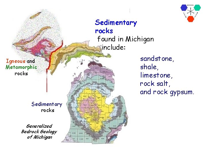 Sedimentary rocks found in Michigan include: Igneous and Metamorphic rocks Sedimentary rocks Generalized Bedrock