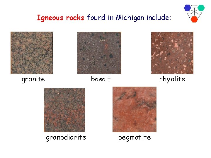 Igneous rocks found in Michigan include: granite basalt granodiorite rhyolite pegmatite 