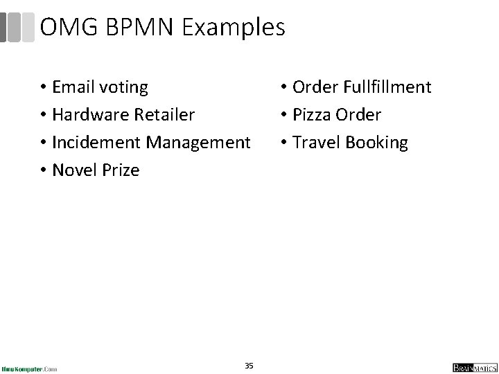 OMG BPMN Examples • Email voting • Hardware Retailer • Incidement Management • Novel