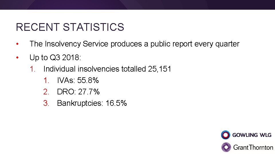 RECENT STATISTICS • The Insolvency Service produces a public report every quarter • Up