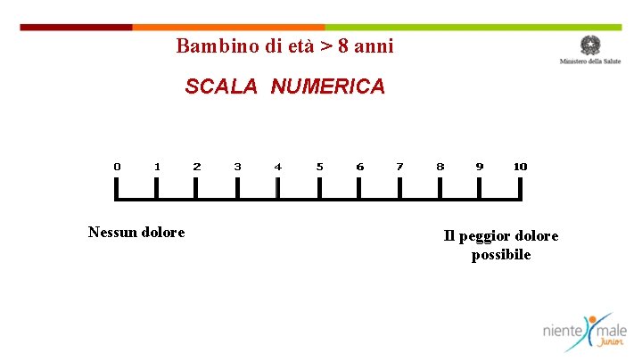 Bambino di età > 8 anni SCALA NUMERICA Nessun dolore Il peggior dolore possibile