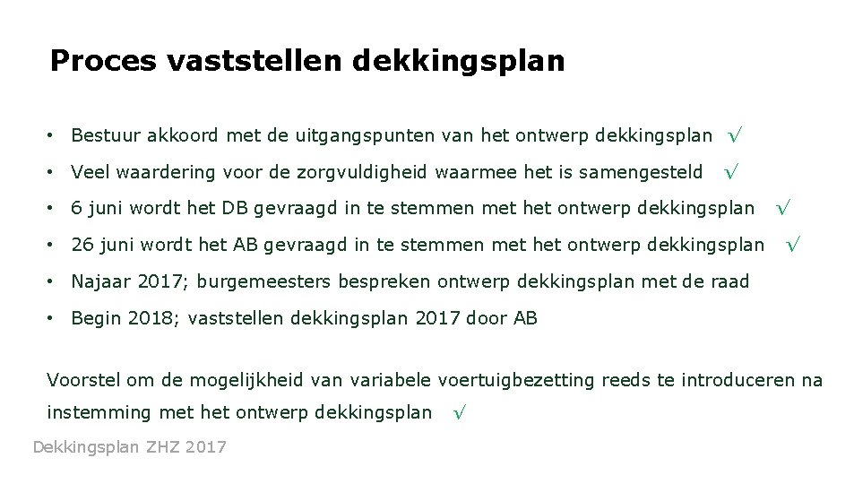 Proces vaststellen dekkingsplan • Bestuur akkoord met de uitgangspunten van het ontwerp dekkingsplan √