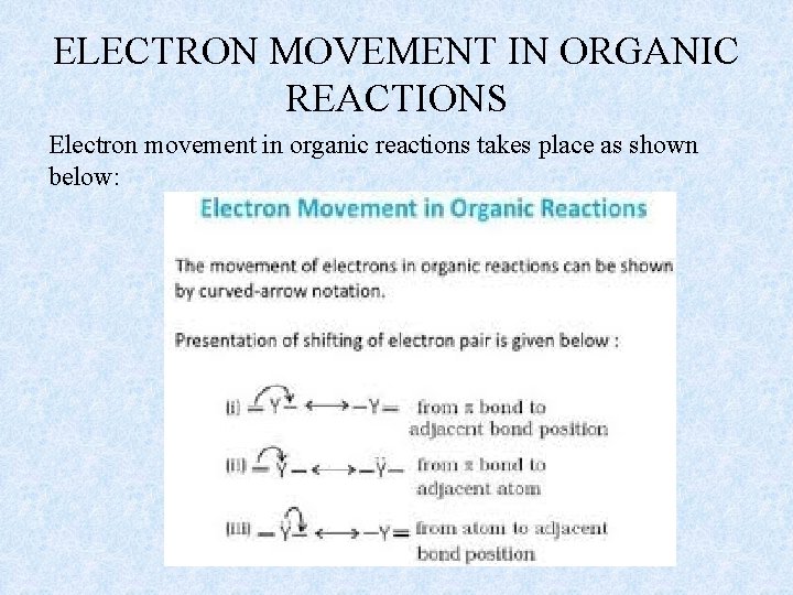 ELECTRON MOVEMENT IN ORGANIC REACTIONS Electron movement in organic reactions takes place as shown