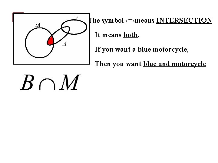 The symbol means INTERSECTION It means both. If you want a blue motorcycle, Then