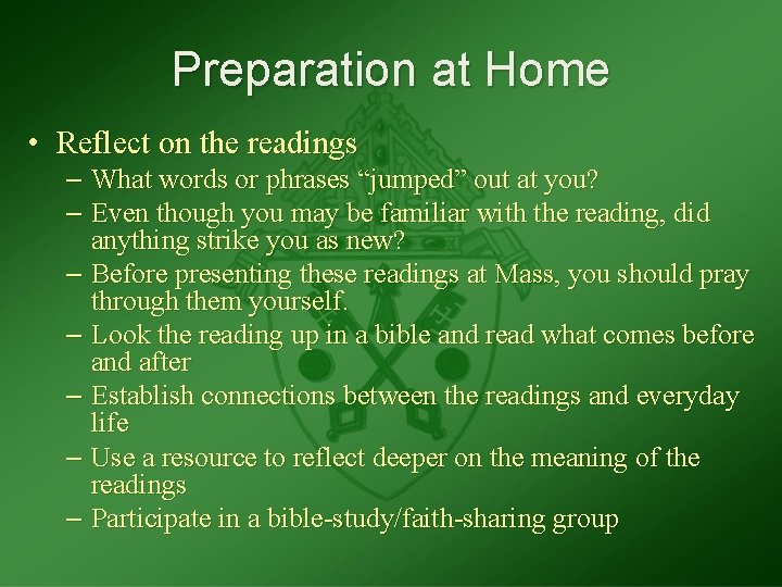 Preparation at Home • Reflect on the readings – What words or phrases “jumped”
