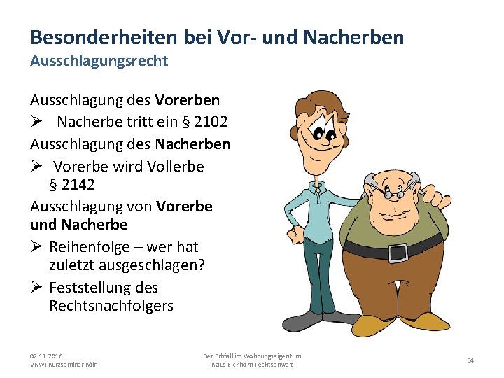 Besonderheiten bei Vor- und Nacherben Ausschlagungsrecht Ausschlagung des Vorerben Ø Nacherbe tritt ein §