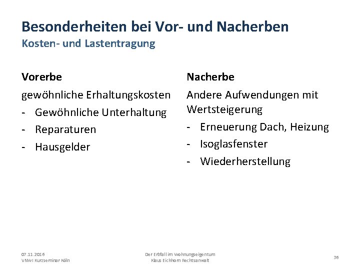 Besonderheiten bei Vor- und Nacherben Kosten- und Lastentragung Vorerbe Nacherbe gewöhnliche Erhaltungskosten - Gewöhnliche