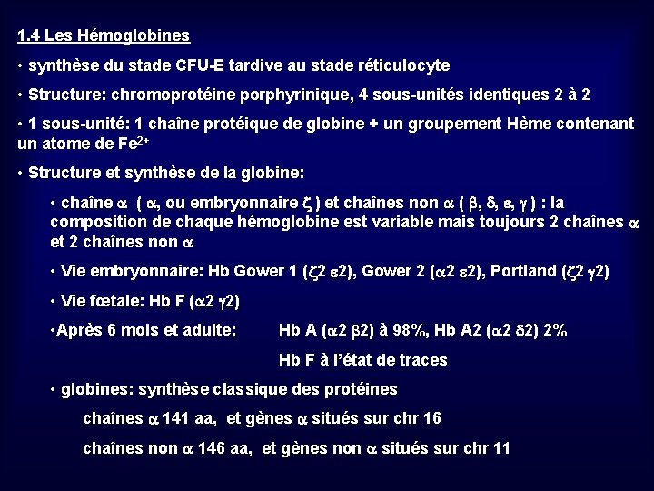 1. 4 Les Hémoglobines • synthèse du stade CFU-E tardive au stade réticulocyte •