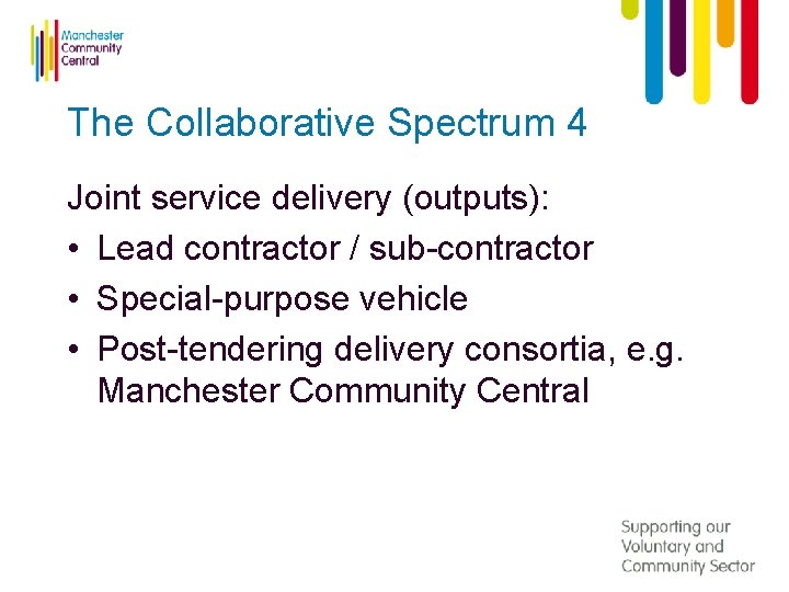 The Collaborative Spectrum 4 Joint service delivery (outputs): • Lead contractor / sub-contractor •