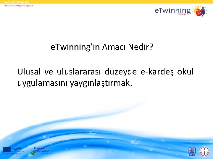 e. Twinning’in Amacı Nedir? Ulusal ve uluslararası düzeyde e-kardeş okul uygulamasını yaygınlaştırmak. 
