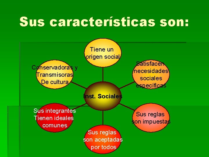 Sus características son: Tiene un origen social Satisfacen necesidades sociales específicas Conservadoras y Transmisoras