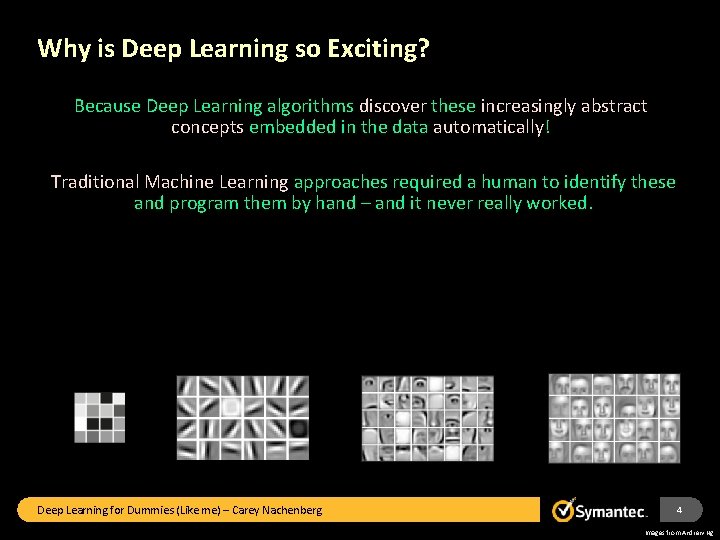 Why is Deep Learning so Exciting? Because Deep Learning algorithms discover these increasingly abstract