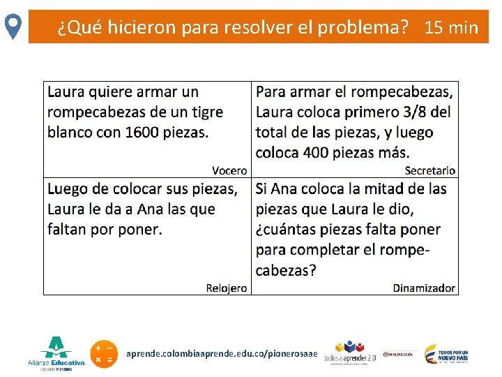  ¿Qué hicieron para resolver el problema? 15 min aprende. colombiaaprende. edu. co/pionerosaae 