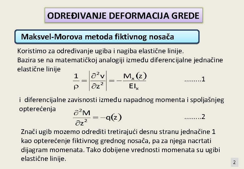 ODREĐIVANJE DEFORMACIJA GREDE Maksvel-Morova metoda fiktivnog nosača Koristimo za određivanje ugiba i nagiba elastične