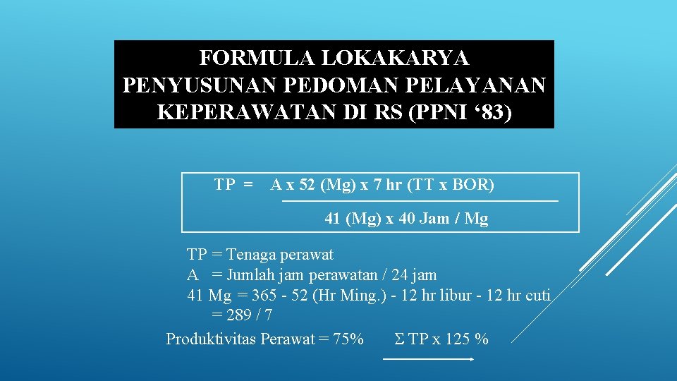 FORMULA LOKAKARYA PENYUSUNAN PEDOMAN PELAYANAN KEPERAWATAN DI RS (PPNI ‘ 83) TP = A