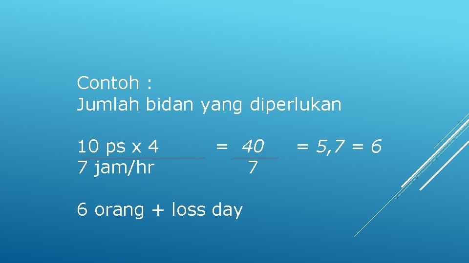 Contoh : Jumlah bidan yang diperlukan 10 ps x 4 7 jam/hr = 40 Contoh : Jumlah bidan yang diperlukan 10 ps x 4 7 jam/hr = 40