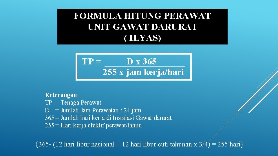 FORMULA HITUNG PERAWAT UNIT GAWAT DARURAT ( ILYAS) TP = D x 365 255