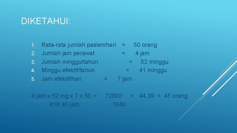 DIKETAHUI: 1. 2. 3. 4. 5. Rata-rata jumlah pasien/hari = 50 orang Jumlah jam DIKETAHUI: 1. 2. 3. 4. 5. Rata-rata jumlah pasien/hari = 50 orang Jumlah jam