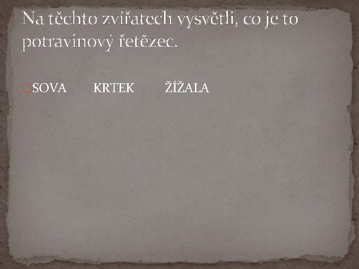 Na těchto zvířatech vysvětli, co je to potravinový řetězec. �SOVA KRTEK ŽÍŽALA 