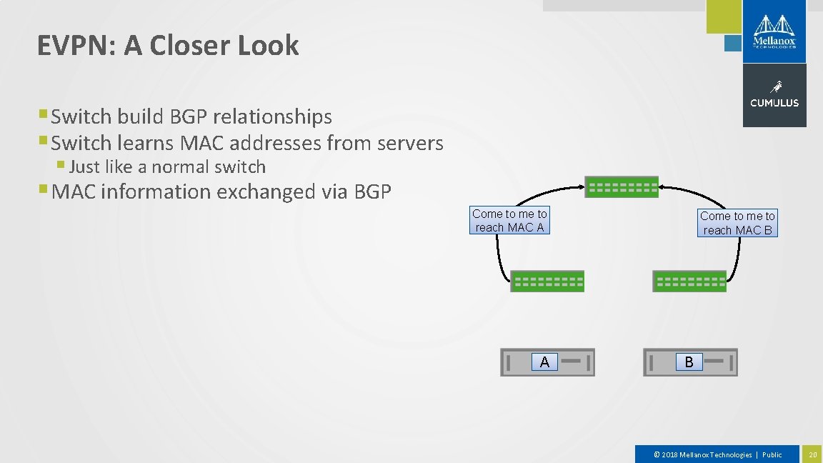 EVPN: A Closer Look § Switch build BGP relationships § Switch learns MAC addresses