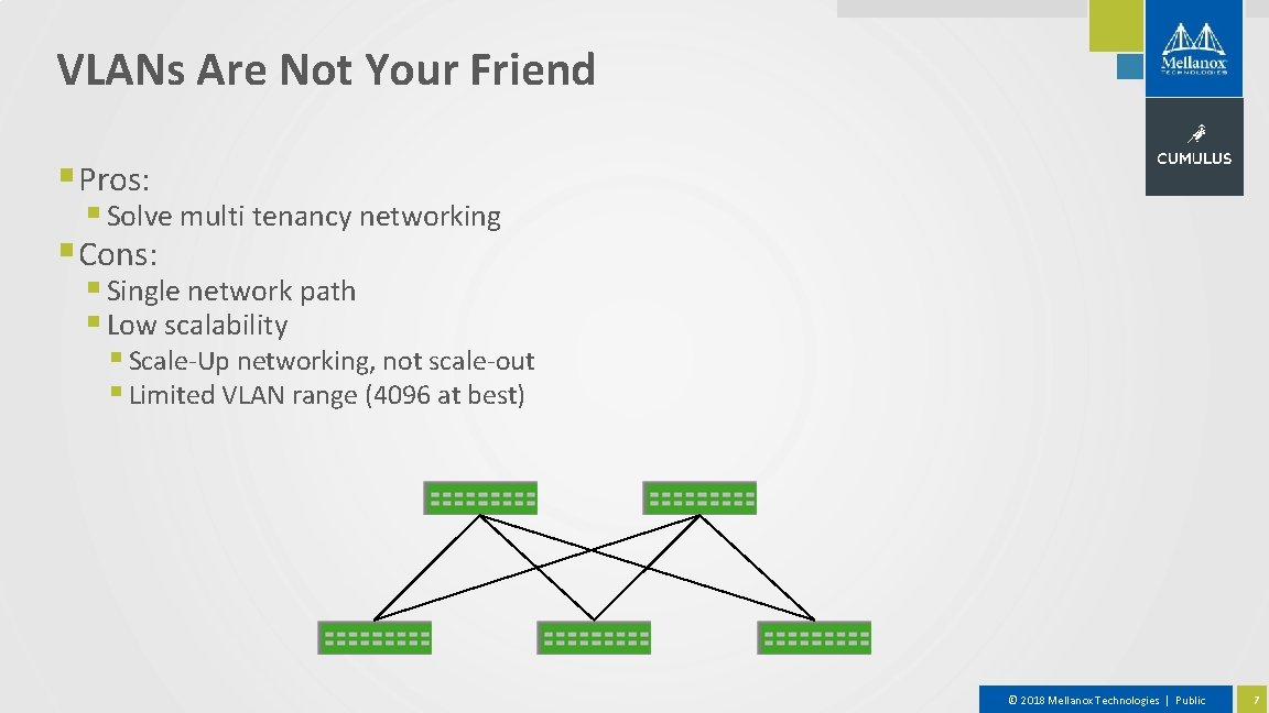 VLANs Are Not Your Friend § Pros: § Solve multi tenancy networking § Cons: