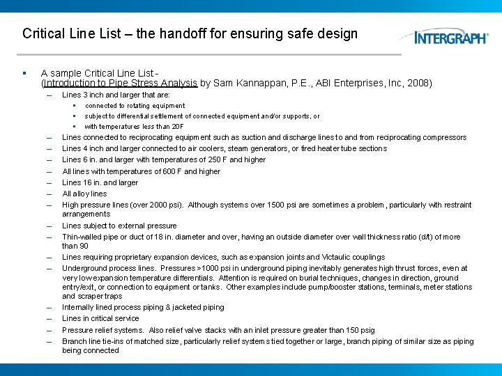 Critical Line List – the handoff for ensuring safe design § A sample Critical