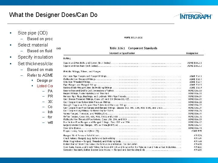 What the Designer Does/Can Do § Size pipe (OD) – § Select material –