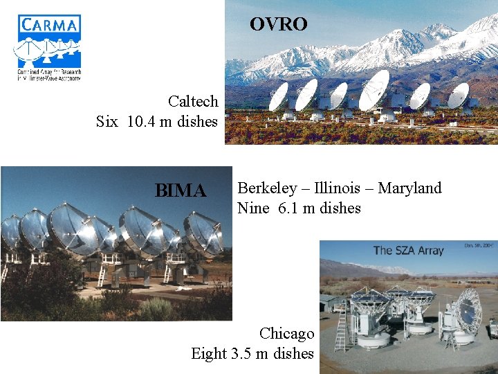 OVRO Caltech Six 10. 4 m dishes BIMA Berkeley – Illinois – Maryland Nine