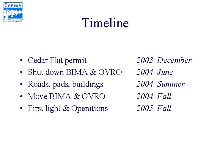 Timeline • • • Cedar Flat permit Shut down BIMA & OVRO Roads, pads,