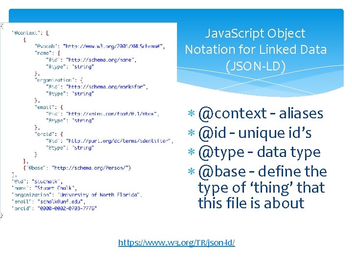 Java. Script Object Notation for Linked Data (JSON-LD) @context – aliases @id – unique