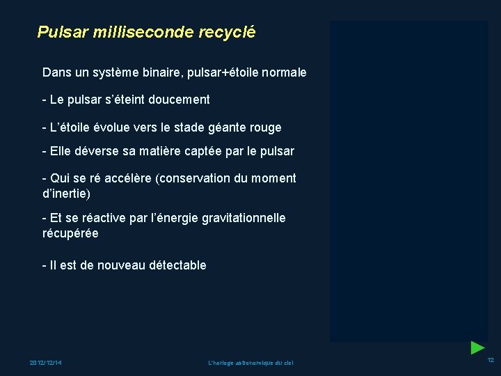 Pulsar milliseconde recyclé Dans un système binaire, pulsar+étoile normale - Le pulsar s’éteint doucement
