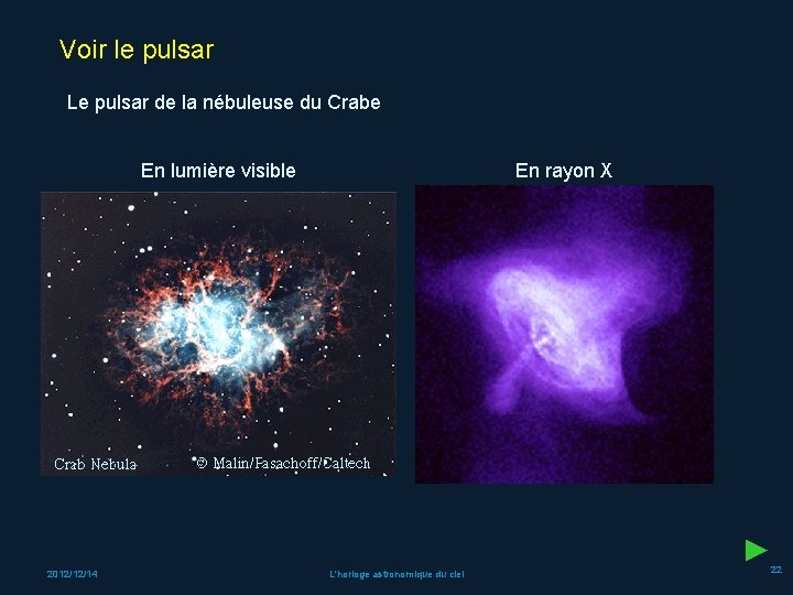 Voir le pulsar Le pulsar de la nébuleuse du Crabe En lumière visible En