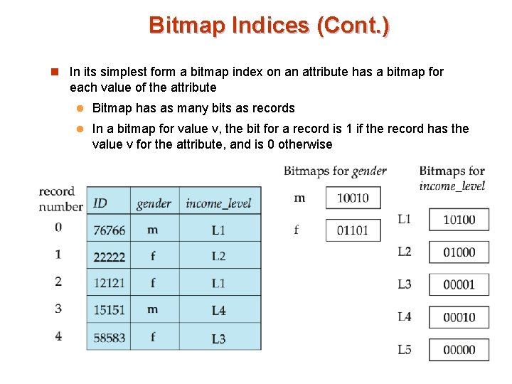 Bitmap Indices (Cont. ) n In its simplest form a bitmap index on an
