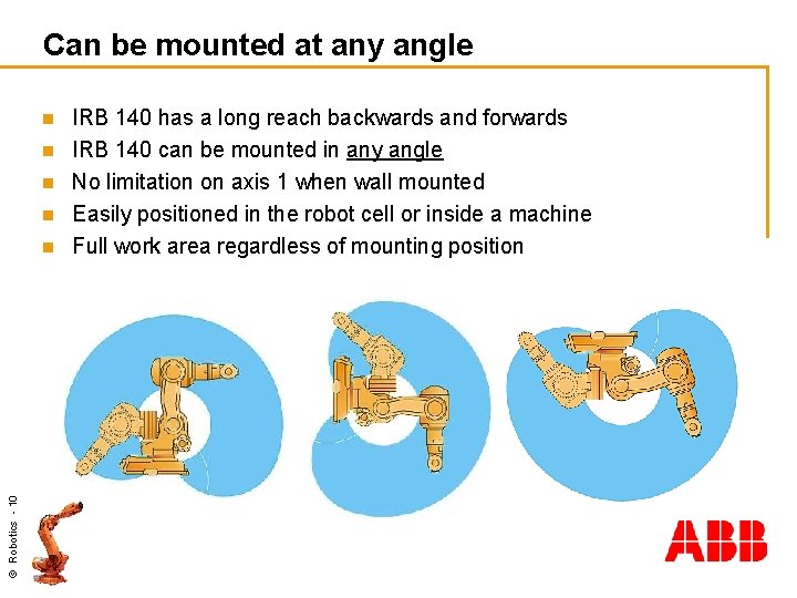 Can be mounted at any angle n n © Robotics - 10 n IRB