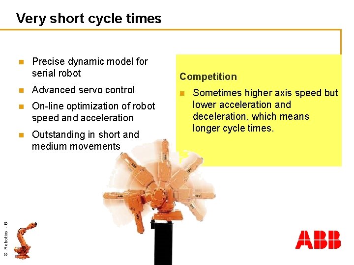 Very short cycle times Precise dynamic model for serial robot Competition n Advanced servo